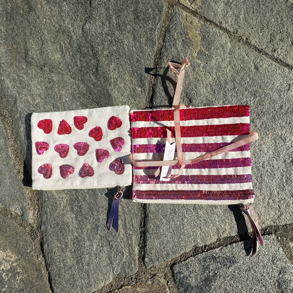 NEW Twos Company(2 pouches) 1 pink and white with Hearts , 1 Stripe Pouches